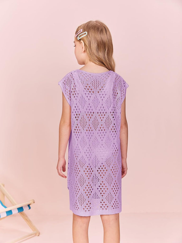 Girls Hollow Out Knitted Swimsuit Cover Up Kids Fashion Split Hem Coverups Beach Dress