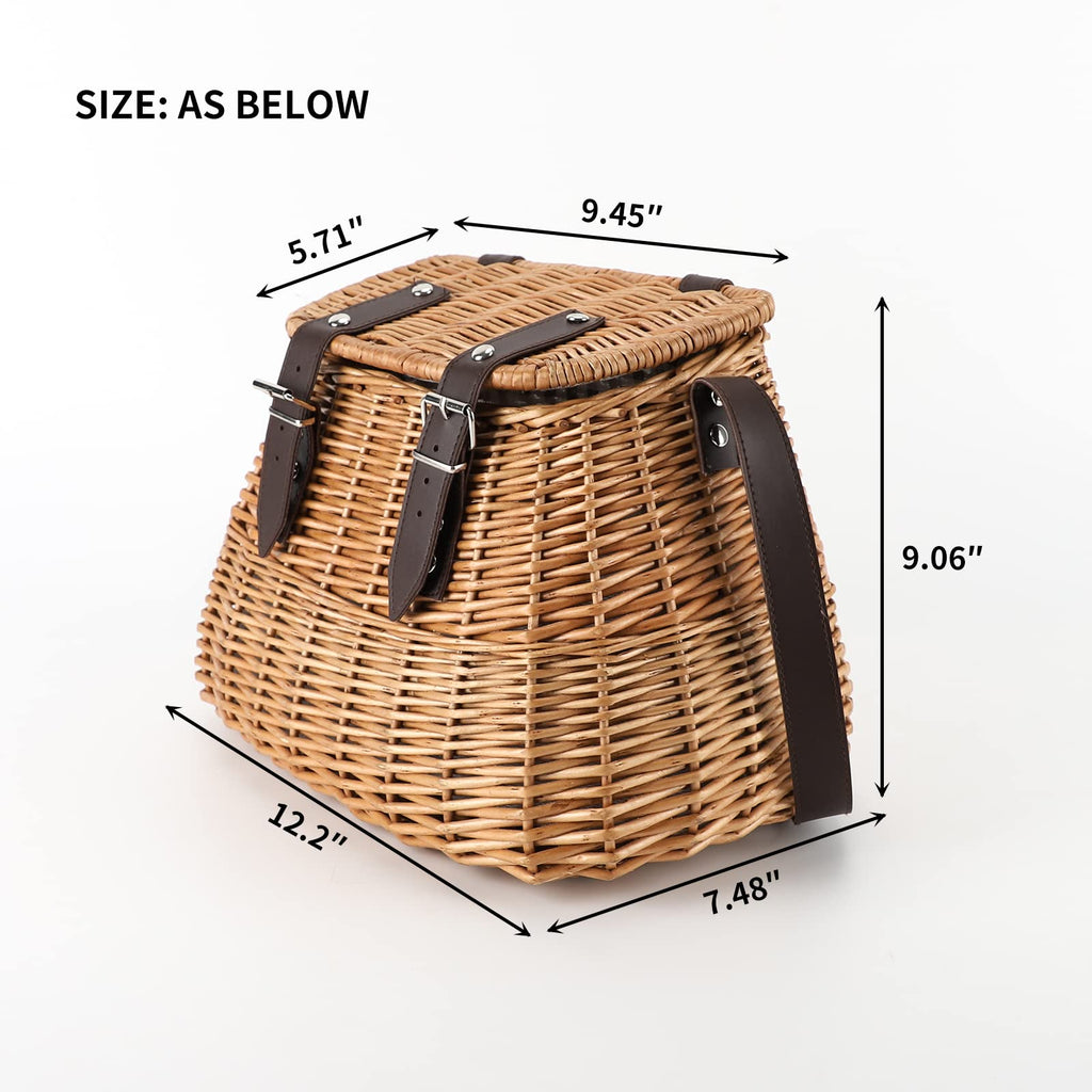 Wicker Picnic Fishing Creel Basket with Lid & Shoulder Strap