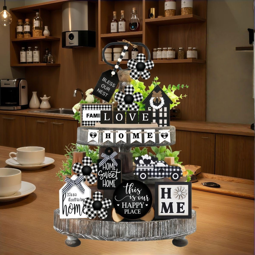 Farmhouse Home Tiered Tray Decor Set - Rustic Wooden Tabletop Decorations with Vintage Country Style, Shelf & - Set of 23