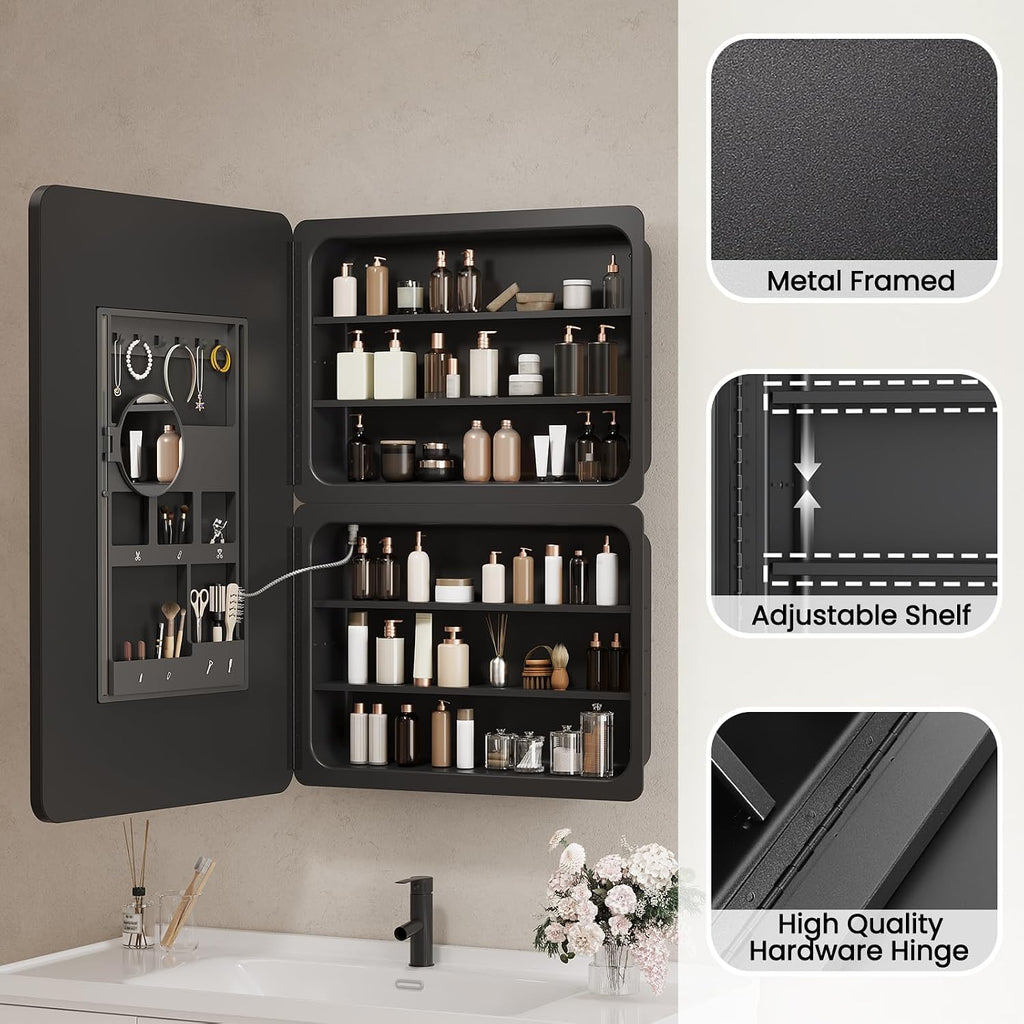 24x36 Inch LED Lighted Medicine Cabinet with Mirror , Wall Mounted or Recessed Mirror Cabinet with 3X Magnifying