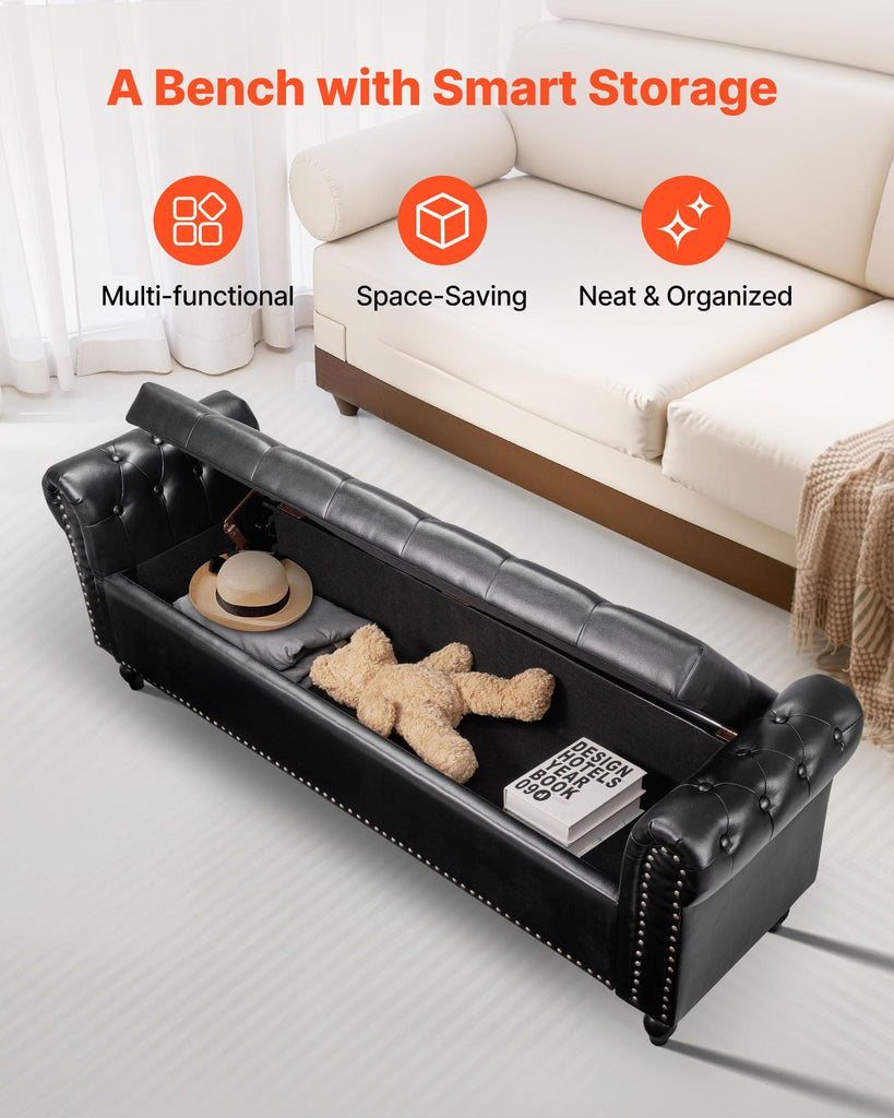 Button-Tufted Storage Ottoman Bench, Rolled Arm PU Leather Bench with Solid Wood Legs, Modern Shoe Benches Seat