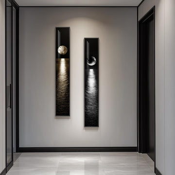 Framed Vertical Black White Gold Moon Landscape Wall Art Decor, 2 Pieces