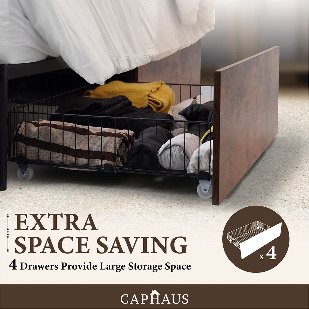 Industrial Metal Storage Bed Frame with 4 Drawers, Mattress Foundation with Metal Slat Support, Space Saving Platform