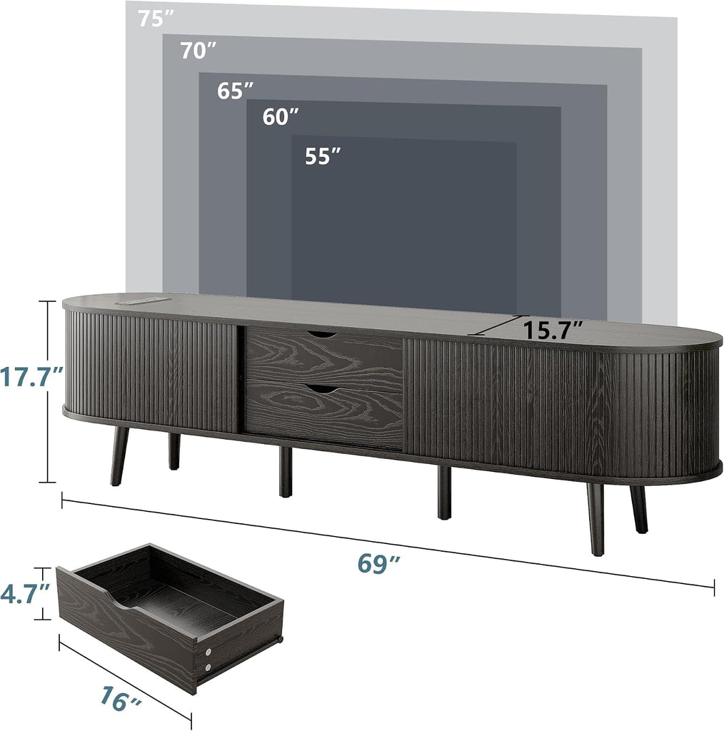 69" Mid Century Modern TV Stand with Power Outlet, Farmhouse Curved Edge TV and Media Console Table with Drawer and
