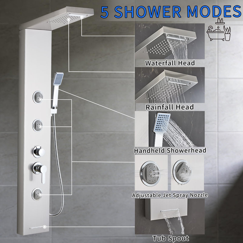 Multi-Function Shower Panel Tower System 6 in1 Shower Panel Tower with Powerful Body Massage, Rainfall
