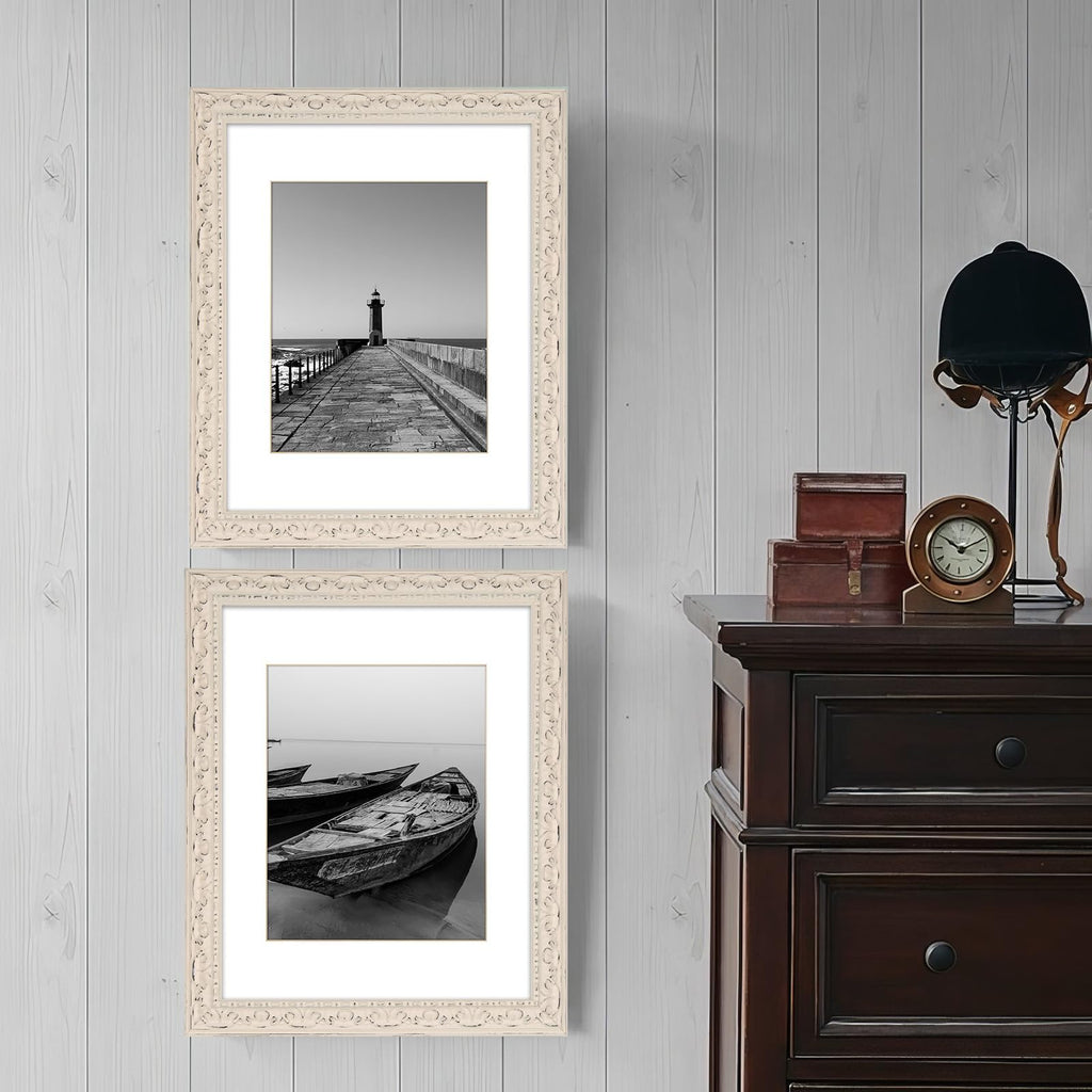 11x14 in Distressed Wood Off-white Vintage Antique Farmhouse Picture Frame, Museum Grade Off White Mat 8x10, UV