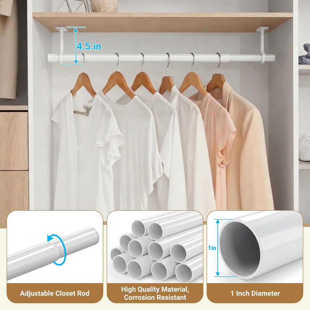 Heavy Duty Closet Rod 17-79 Inch Ceiling or Wall Mount Clothes Hanging Rod
