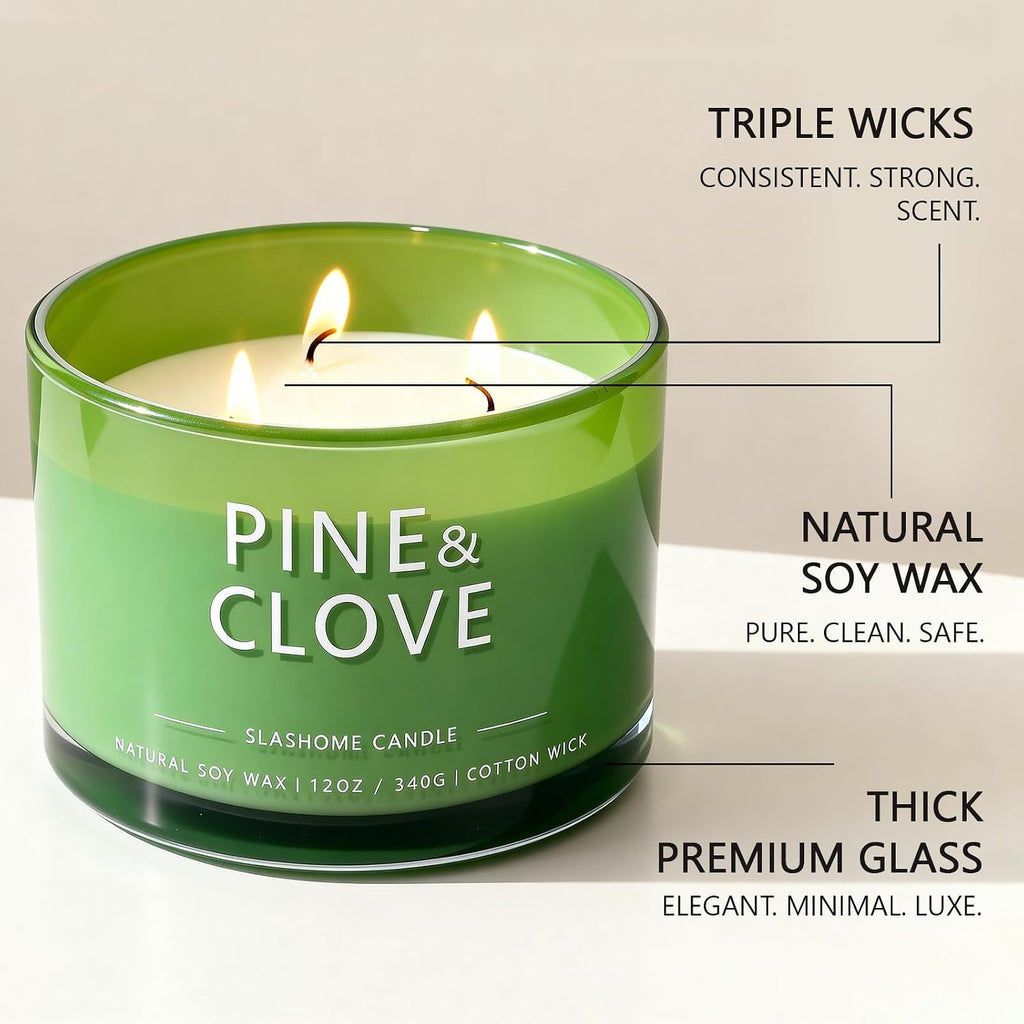 Pine & Clove Scented Candle, Luxury Large 3 Wick Soy Candle 12 Oz, 60+ Hour Long Lasting Clean Burn, Elegant