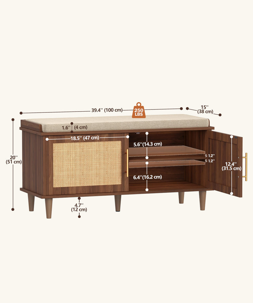 39.4" Rattan Shoe Storage Bench 2 Doors Entryway Bench Walnut