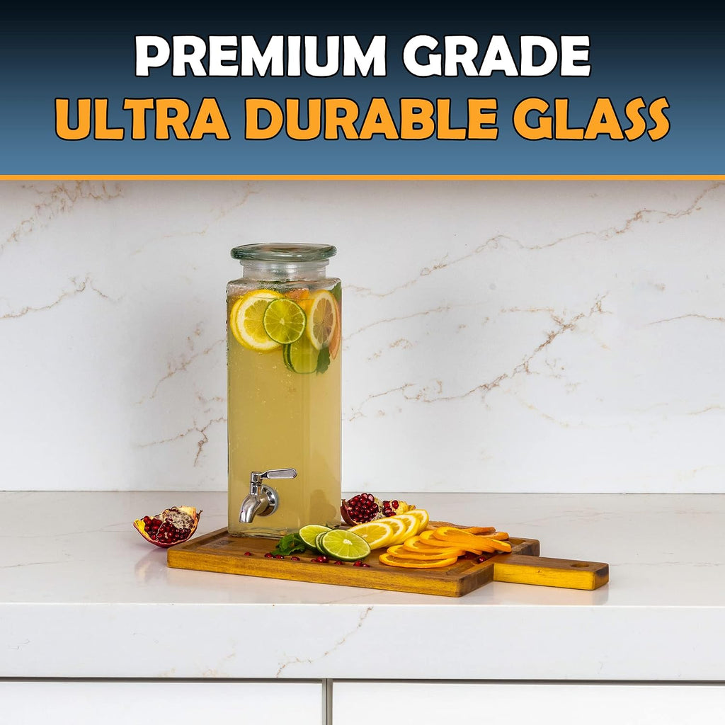 Square Glass Drink Dispenser for Parties - Stainless Steel Spigot + Marker & Label - 100% Leakproof Beverage
