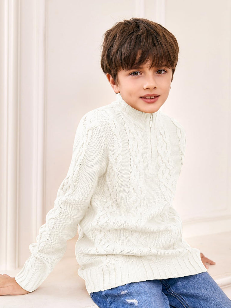 Toddler Boys' Girls' Cable Knit Pullover Sweater Quarter Zipper Long Sleeve Fall Winter Knitwear Outfit White