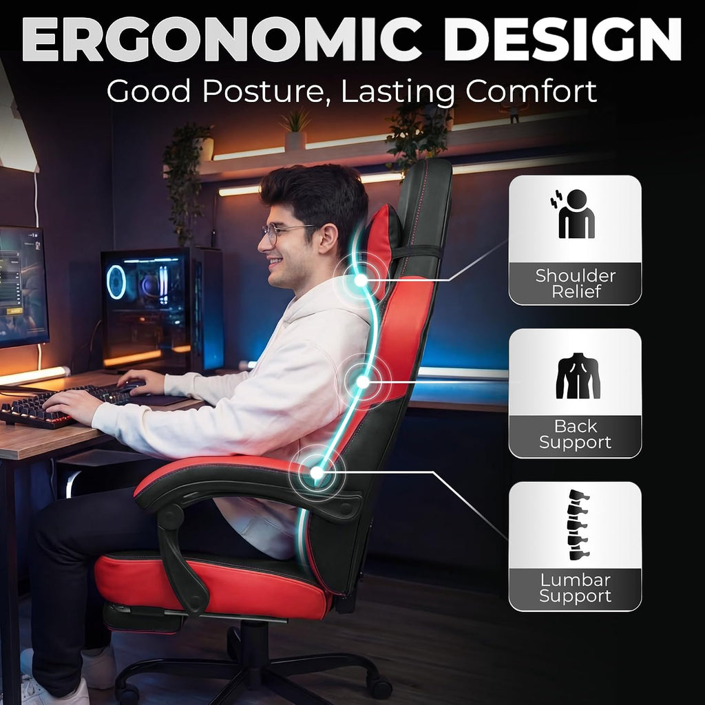 Big & Tall Gaming Chair with Footrest, Lumbar Support, Red | Ergonomic High-Back Chair for Adults, Padded Wide Seat