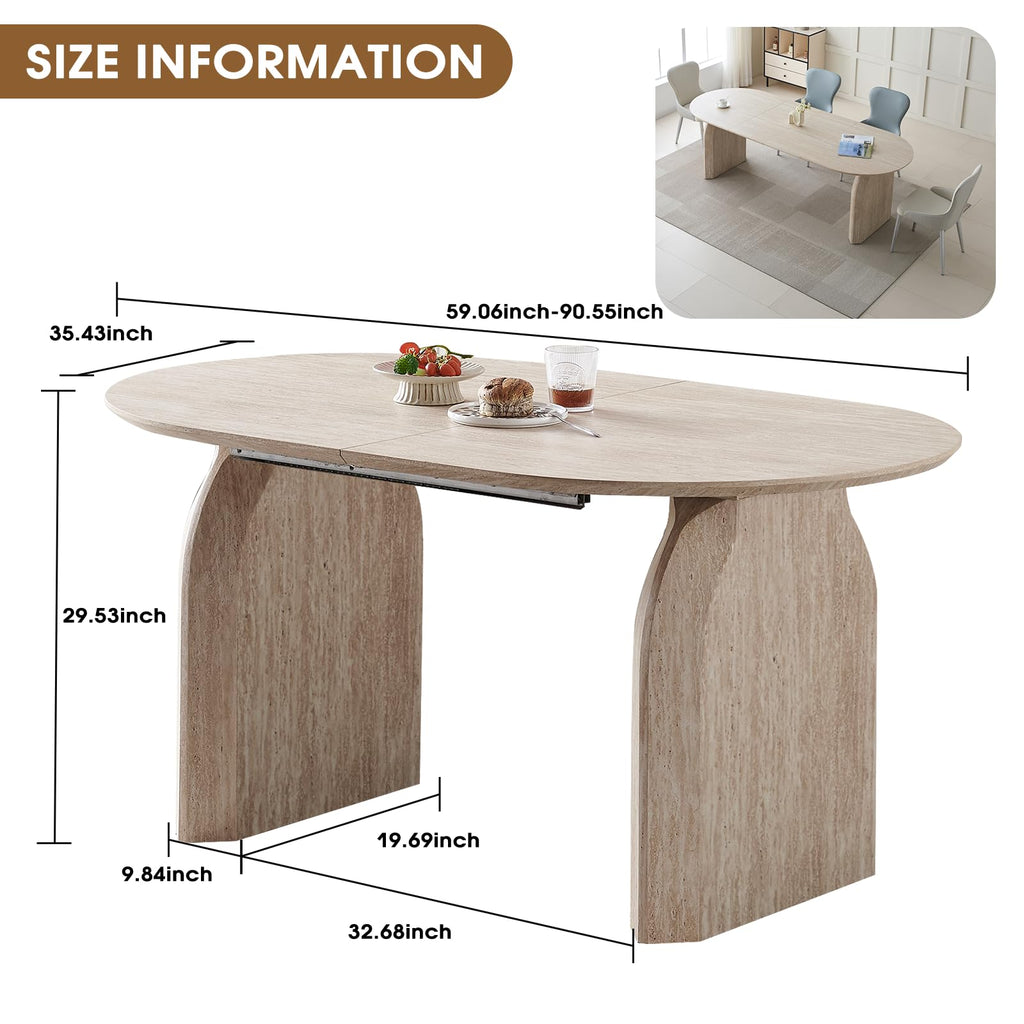 59.06"-90.55" Extendable Dining Table for 6 8 10, Modern Oval Kitchen Table with Dual Pillar Base, Wooden Expandable