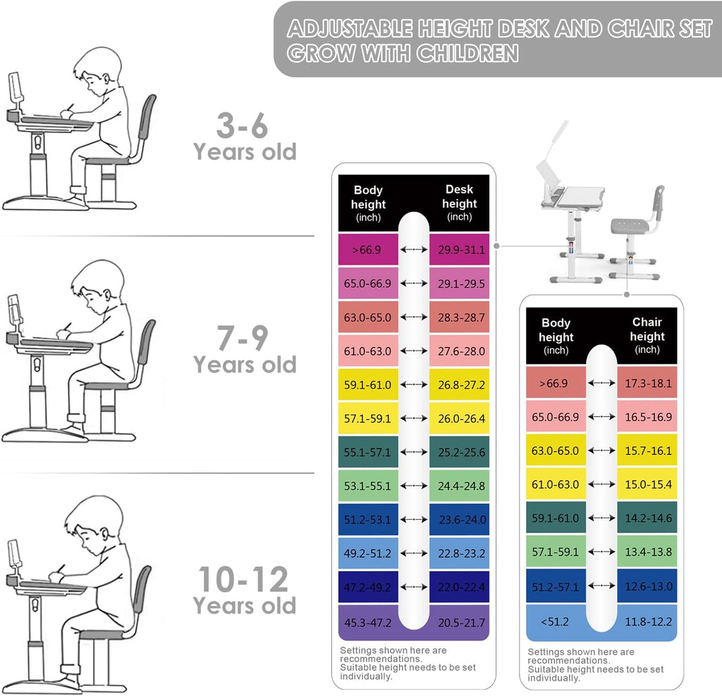 Height Adjustable Kids Desk and Chair Set with LED Light,Drawer
