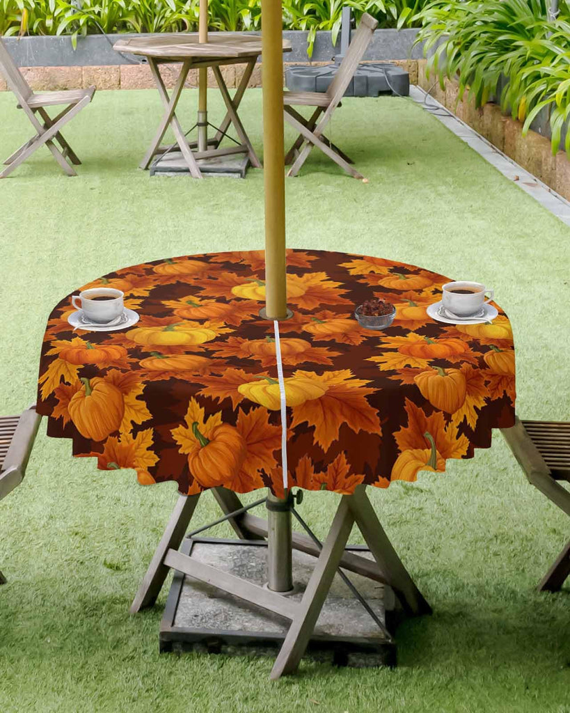 Thanksgiving Outdoor Tablecloths with Umbrella Hole and Zipper, Fall Pumpkin Maple Leaves Orange Yellow Brown