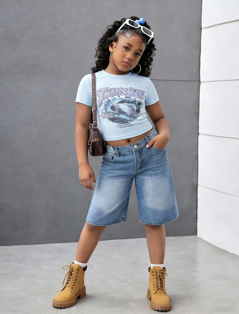 Girls Jean Shorts Baggy Wide Leg Washed Bermuda Denim Shorts Straight Leg Cute Summer Y2K Streetwear