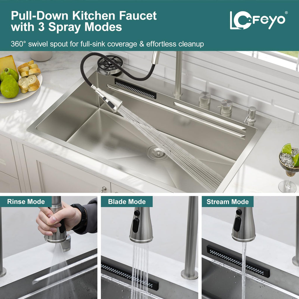 33x22 Inch Waterfall Kitchen Sink Drop In Multifunctional Workstation With Faucet Combo, Topmount 16 Gauge Stainless