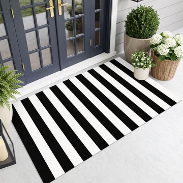 Black and White Striped Rug Woven Washable Front Door Rug