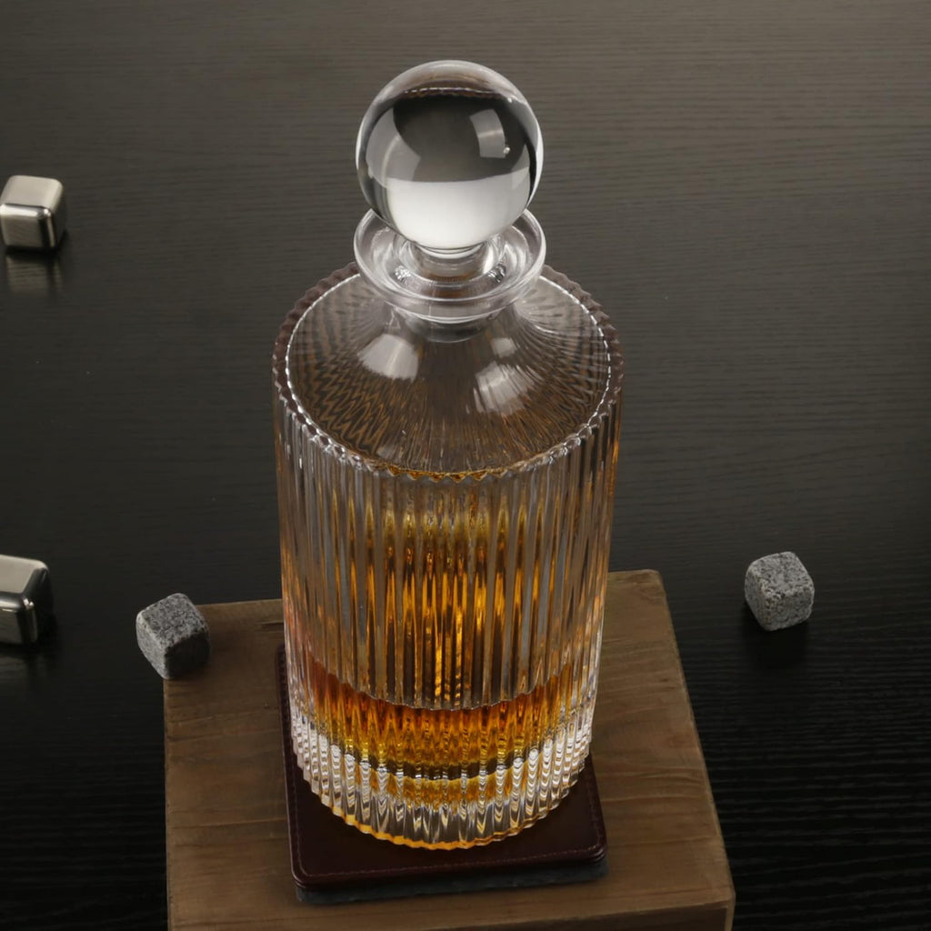 Whiskey Decanter with Glass Stopper 27 oz Round Ribbed Decanter