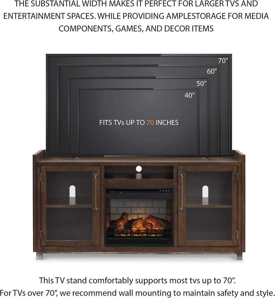 Modern 70" TV Stand with Electric Fireplace for TVs up to 80", Dark Brown