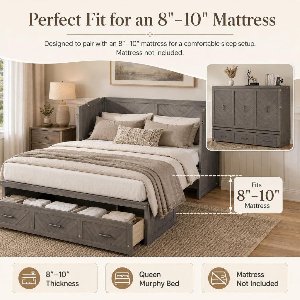 Queen Murphy Bed Cabinet with Storage, Space Saving Bed with USB Charging Station and Large 3-Compartment Drawer