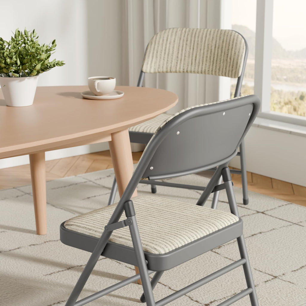 6 Pack Padded Folding Chairs with Fabric Cushion and Back, Oatmeal Stripe