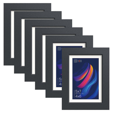5x7 Picture Frame Set of 6, Black Wood, 4x6 Mat, Glass, for Photo Print
