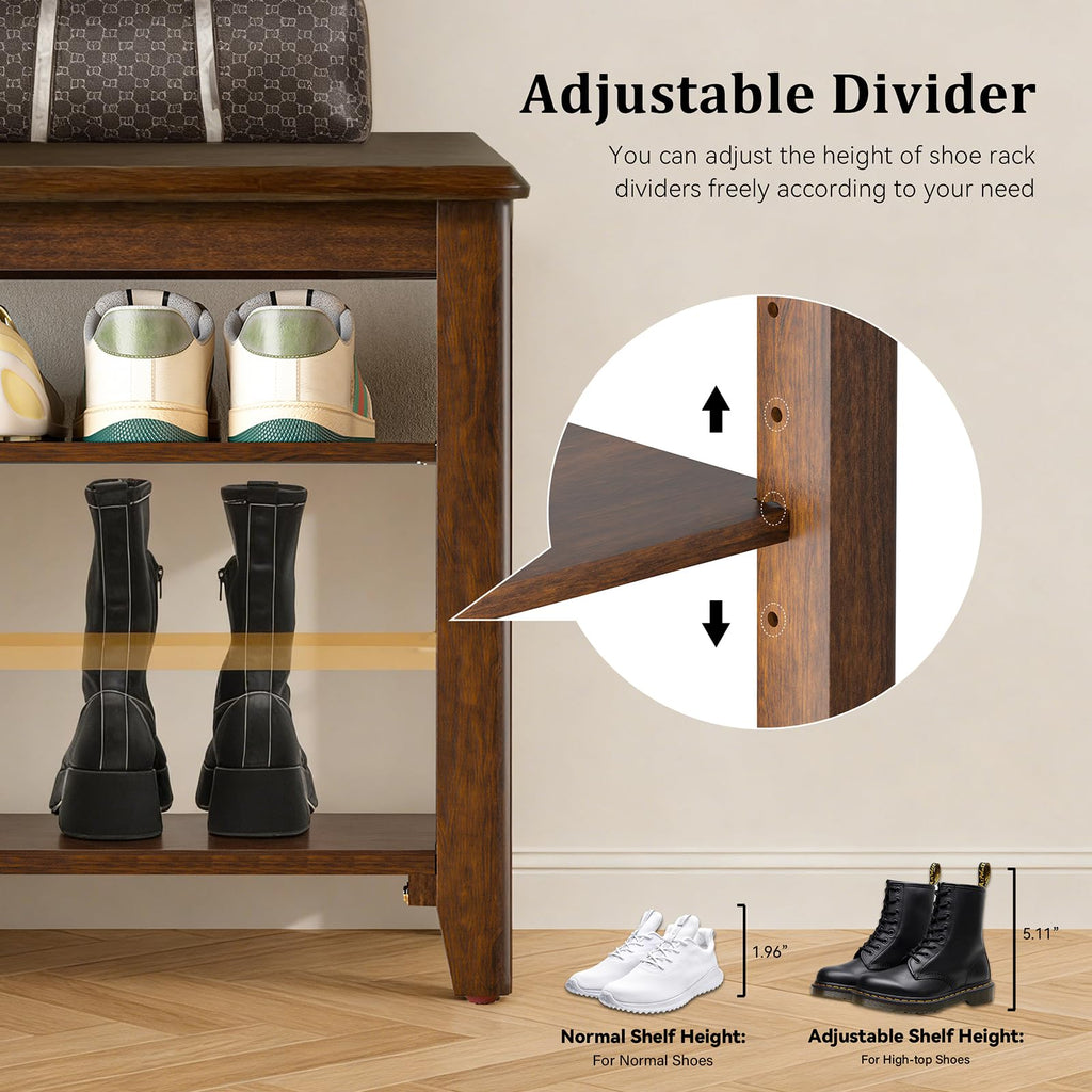 Shoe Bench with 3 Tier Adjustable Shelves Rubberwood Entryway 23.6''