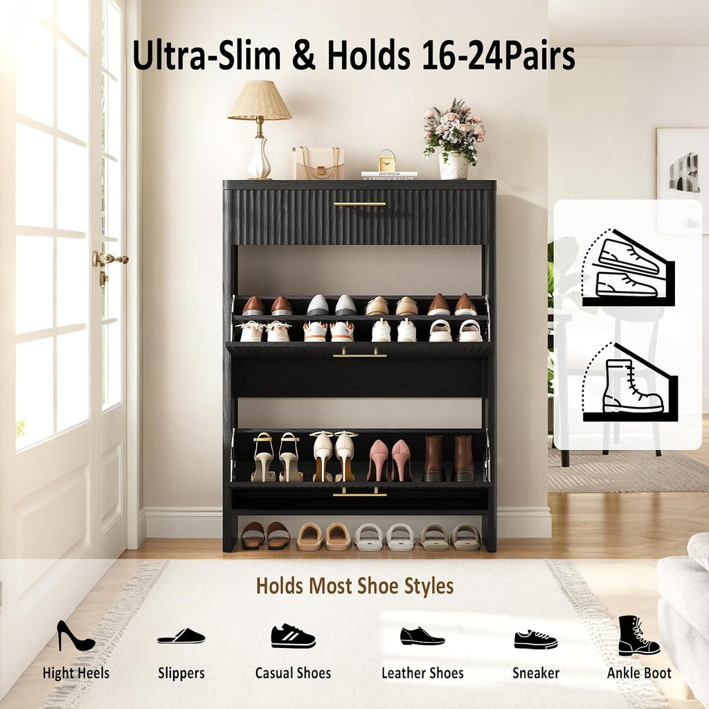 Fluted Shoe Storage Cabinet , Narrow Wooden Shoe Cabinet with 2 Flip Drawers & Pull-Out Drawer, Modern Freestanding