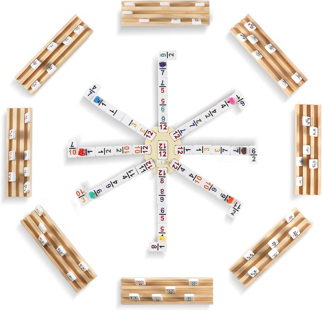 Mexican Train Dominoes Set with Numbers and 8 Wooden Trays/Racks, Double 12 Dominos Travel Set with 8 Tiles Holders