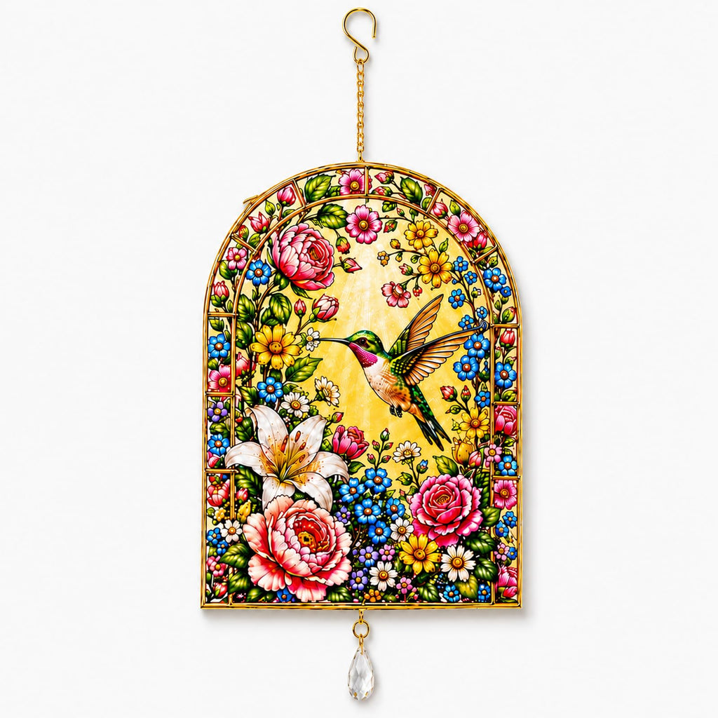 Hummingbird Suncatcher for Windows, Double Sided Tempered Glass Window Hanging, Floral Bird Stained Glass Style Sun