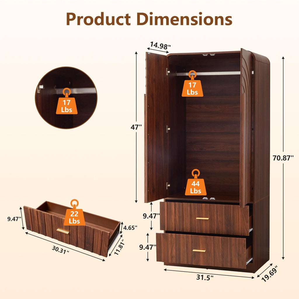 Freestanding Armoire Wardrobe Closet with Arched Fluted 2 Doors and 2 Storage Drawers, Large Capacity Wardrobe