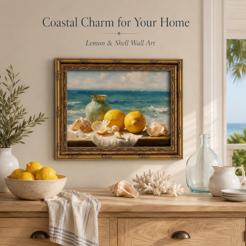Vintage Gold Framed Lemon Seashell Coastal Canvas Wall Art 12x16 In