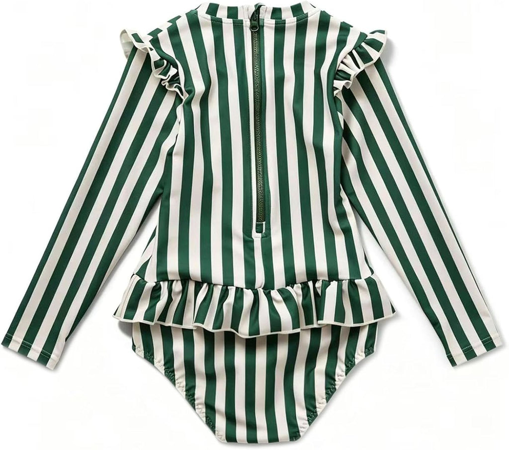 Girls One Piece Swimsuits Zipper Rash Guard Long Sleeve Bathing Suit with Ruffle Hem UPF50+