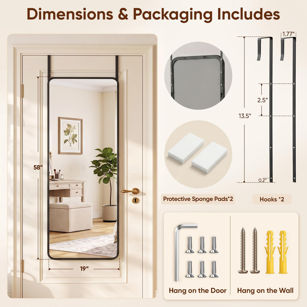 Full Length Mirror Over the Door&Wall Mounted, 58"x19" Door Mirror with Aluminum Alloy Frame, HD Shatterproof