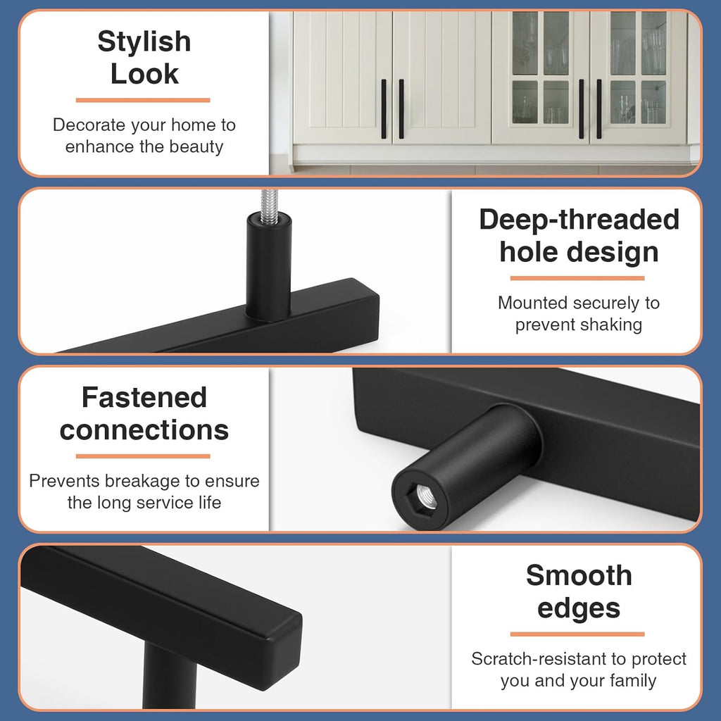 30 Pack 6 inch Square Cabinet Handles Matte Black Drawer Pulls, 3-3/4" Hole Center Kitchen Handles Pulls, Stainless