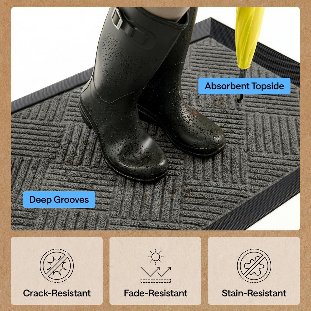 100% Waterproof All-Season WeatherMAX Doormat 35x23, US Designed Natural Rubber, Stain and Fade Resistant, Low