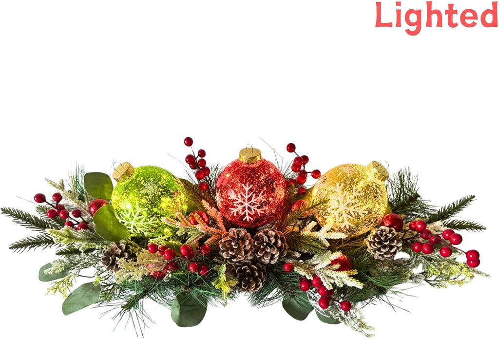Lighted Christmas Centerpiece with 3 Snowflake Ball Ornaments