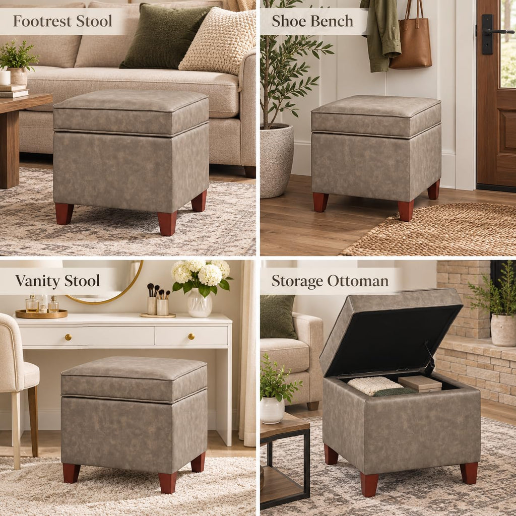 17.5" Square Storage Ottoman, Faux Leather Flip Top Footstool & Coffee Table, Upholstered Foot Rest with Wood Legs