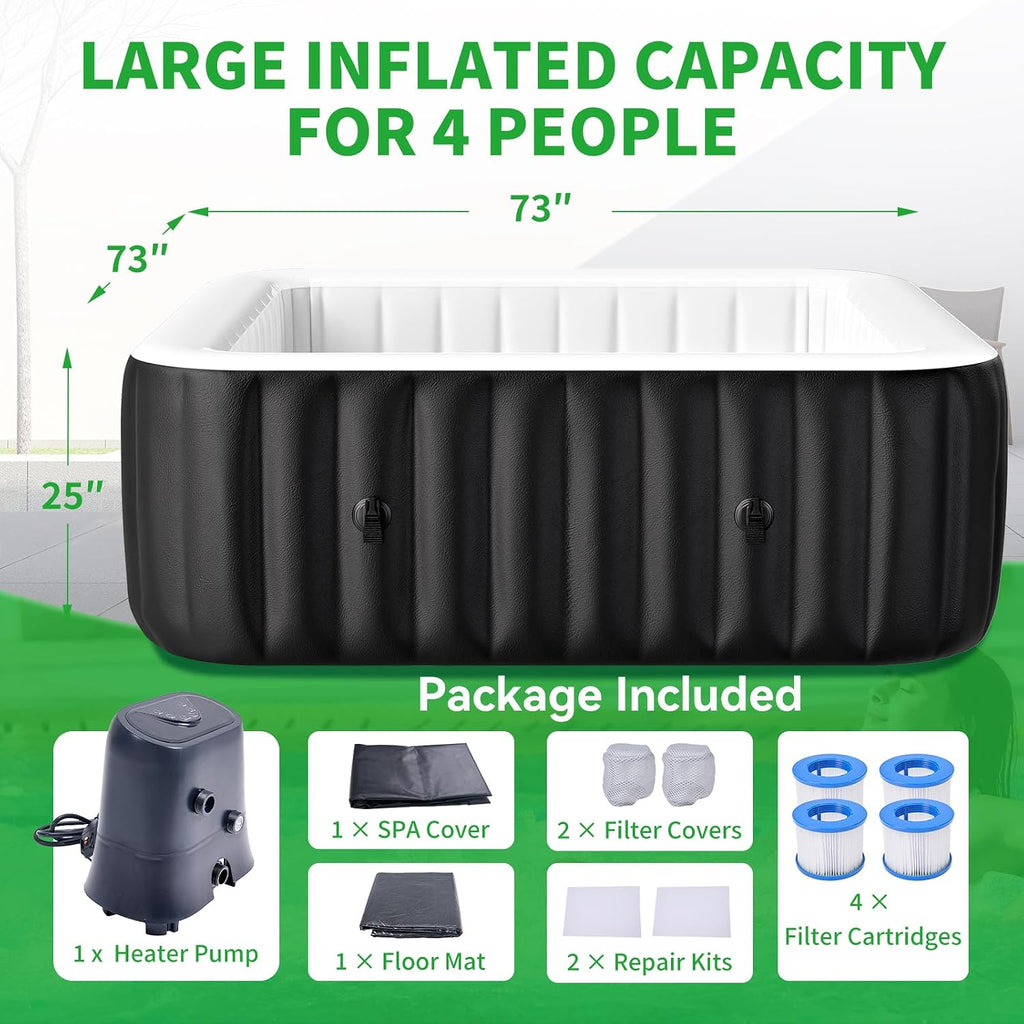 Inflatable Blow Up Hot Tub, 4-6 Person Square Portable Hot Tub, Leak-Proof PVC Outdoor Spa with 130 Strong Air Jets