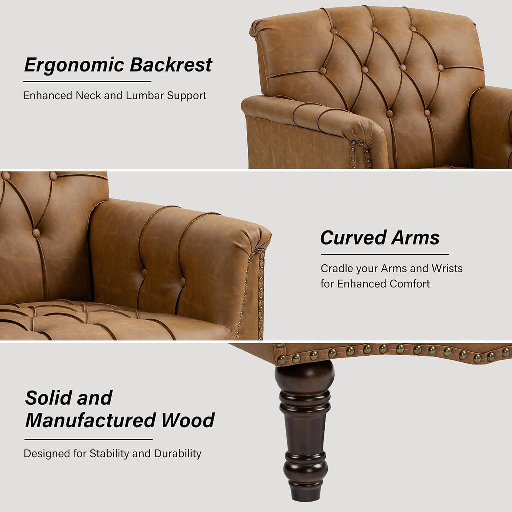 Faux Leather Accent Chairs, Comfy Club Armchair, Camel - Set of 2