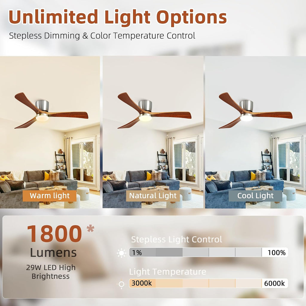 52" Modern Flush Mount Ceiling Fan with Light, 3 Wood Blades, Brushed Nickel, Dimmable LED, Remote