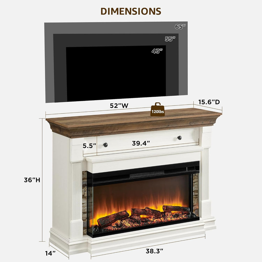 52 Inch Electric Fireplace with Mantel, Fireplace TV Stand with 36" 3-Sided Glass Electric Fireplace Heater for