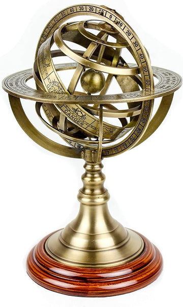Antique Vintage Zodiac Armillary Brass Sphere Globe Wooden Display | Pirate's Antique Ship Decor | (Medium, Antique