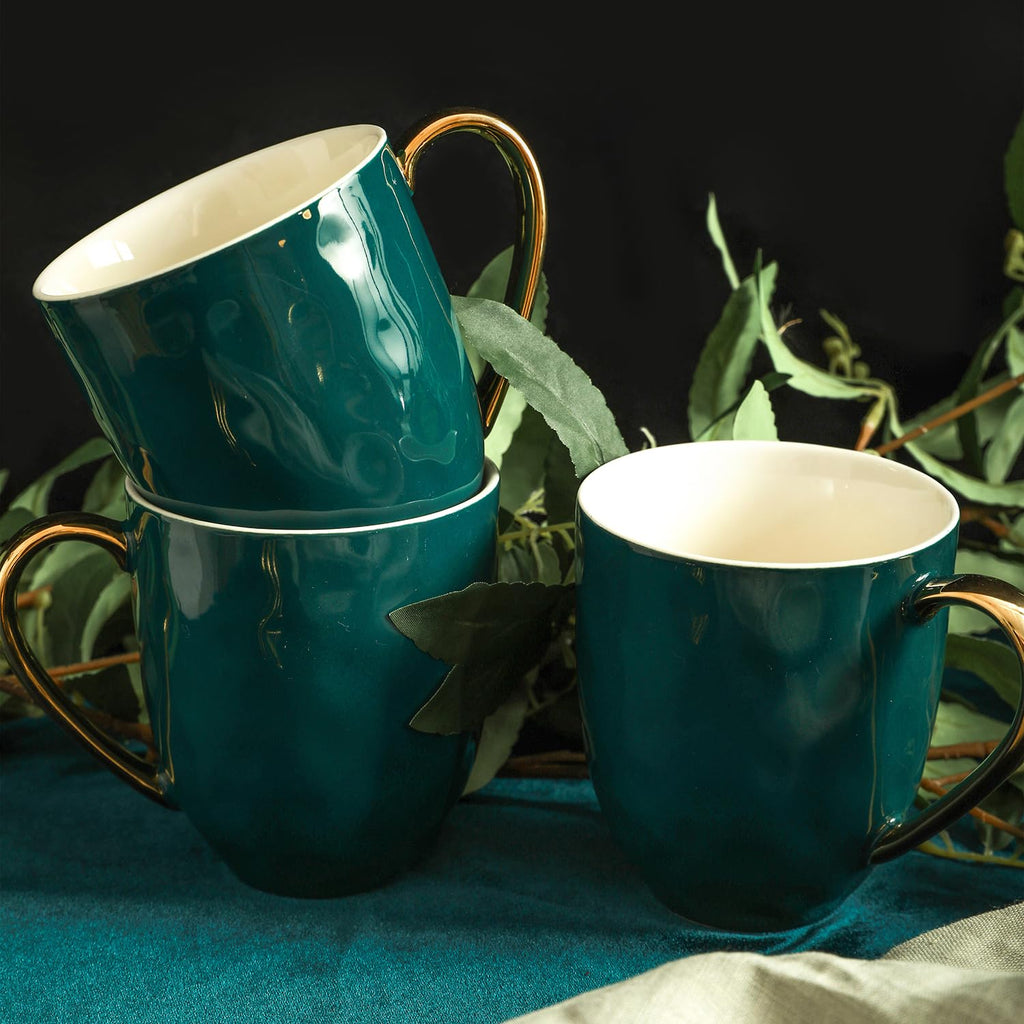 Florian Modern Porcelain 16 Piece Dinnerware Set, Plates and Bowls Set, Dish set for 4, Green and Golden Rim