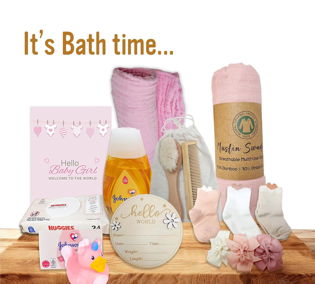 Premium New Baby Girl Gift Basket | Newborn Essentials Care Package in Diaper Caddy Organizer | Plush Toy, Baby