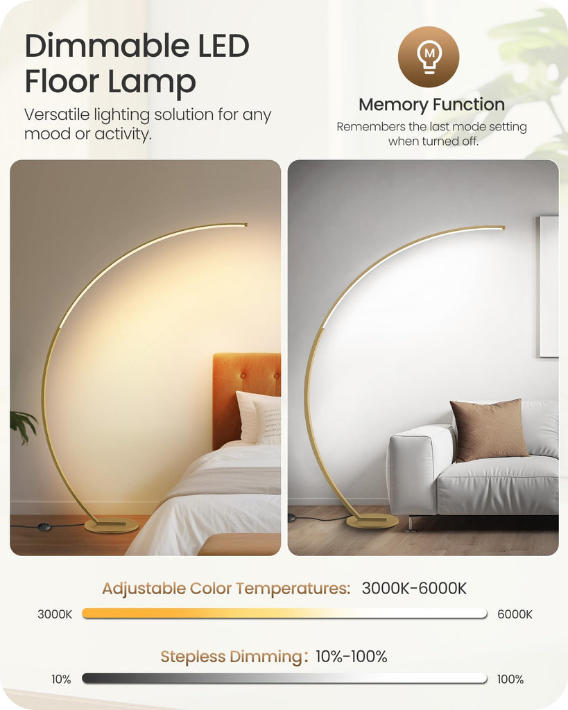 75" Dimmable Gold Arc Floor Lamp with Remote & Foot Control