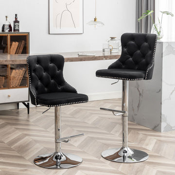 Velvet Bar Stools Set of 2, Swivel Counter Height Bar Stools with Nailheads Trim, Adjustable Barstools Island, Pub