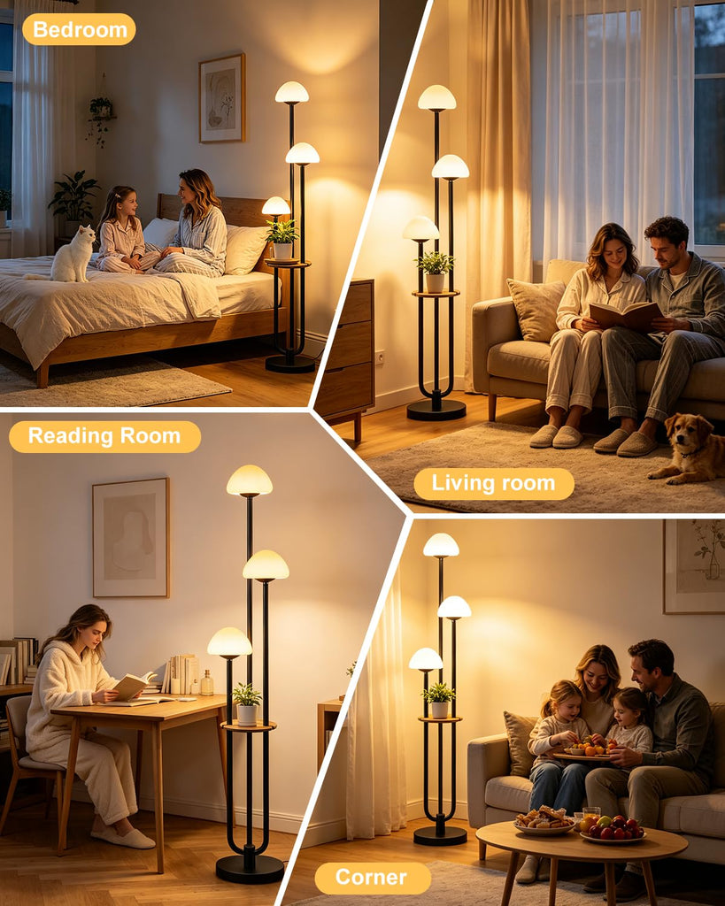 3 Light Mushroom Floor Lamp with Shelf, Dimmable Black Floor Lamp with Bulbs Included, 3000K Warm White Modern