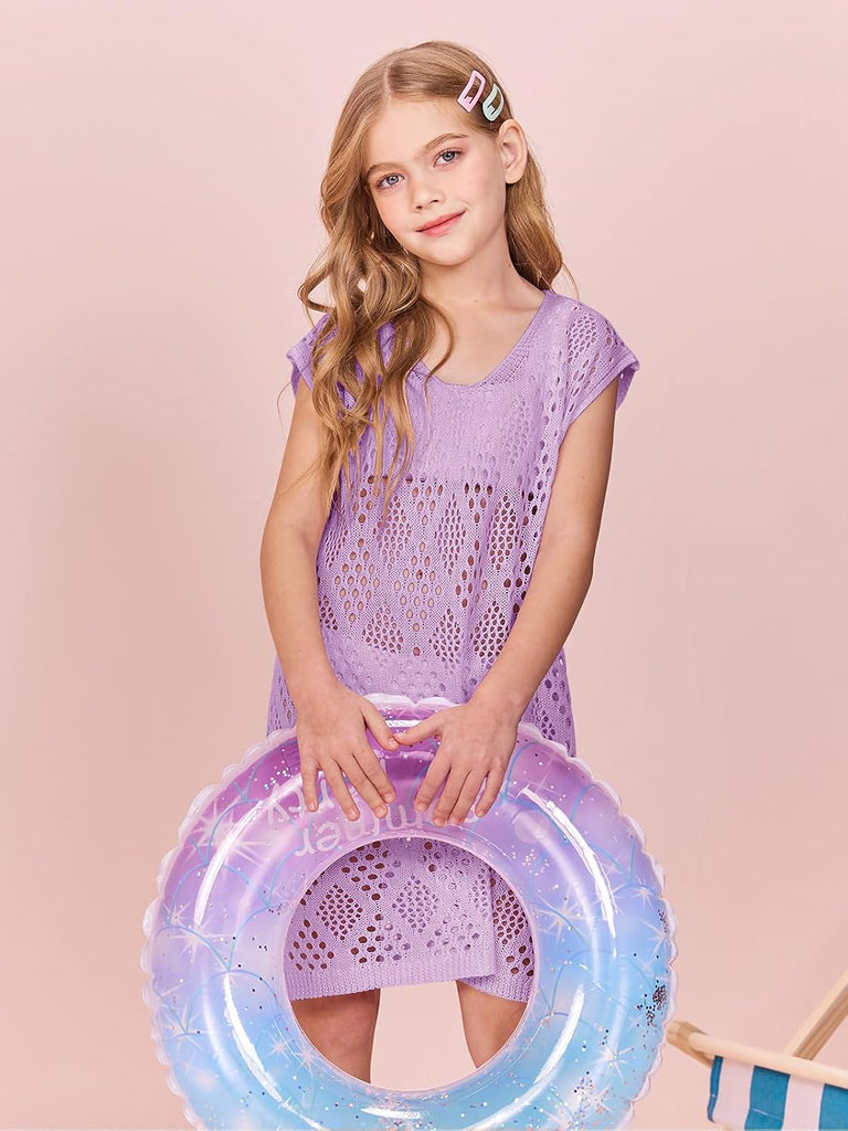 Girls Hollow Out Knitted Swimsuit Cover Up Kids Fashion Split Hem Coverups Beach Dress